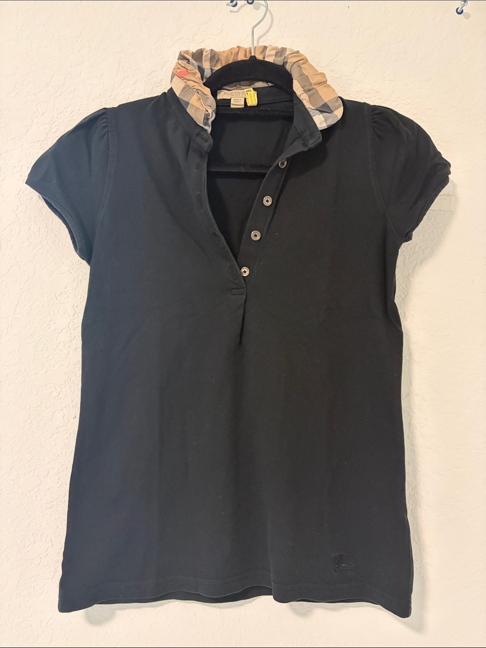 Burberry Black Short-Sleeve Polo with Signature Check Ruffle Collar